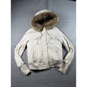 American Eagle Outfitters Fleece Faux Fur Jacket Women Large Beige Hooded Zip Up